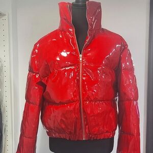 Fashionable Red Vinyl "Patent Leather' Look Puffer Jacket US Size 8 Stunning!